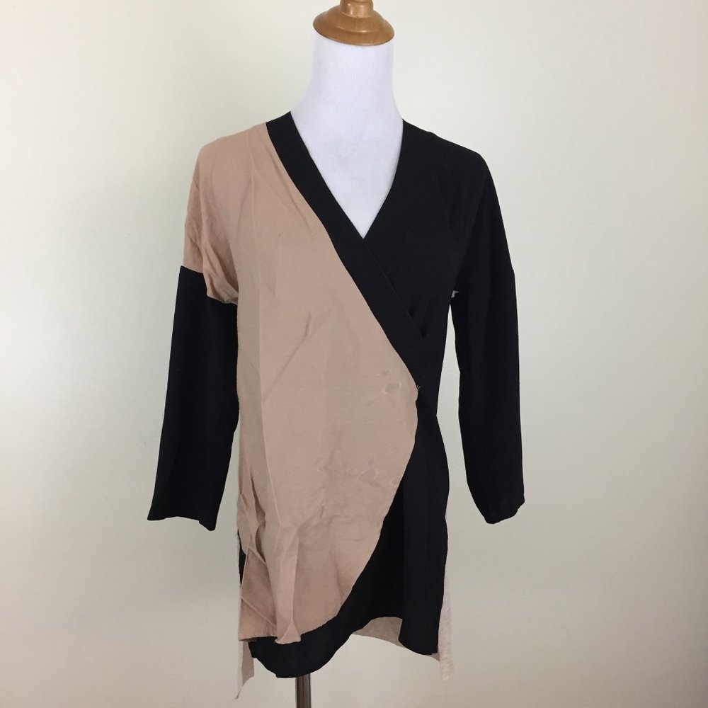 NWOT ZARA Black Tan Beige Mixed Media High Low Hem Dolman Sleeve Shirt